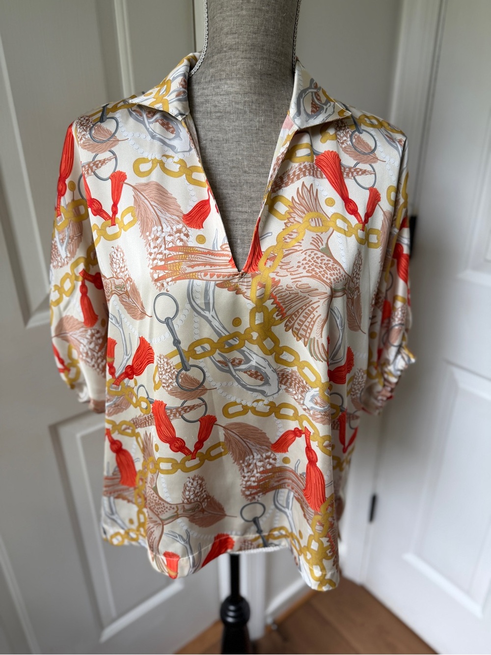 Emily McCarthy Poppy Blouse Sporting Luxe Chain Print Top Bird SZ Medium